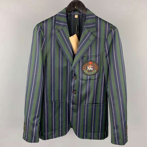 BURBERRY 36 Regular Green & Navy Vertical Stripe Wool / Cotton Notch Lapel Suit - Picture 1 of 1